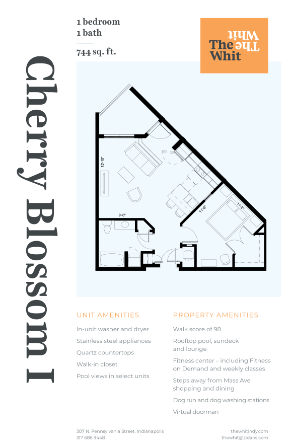 Luxury 1 Bedroom 1 Bathroom, 744 sqft, 2D Floorplan at The Whit in Indianapolis, IN 46204
