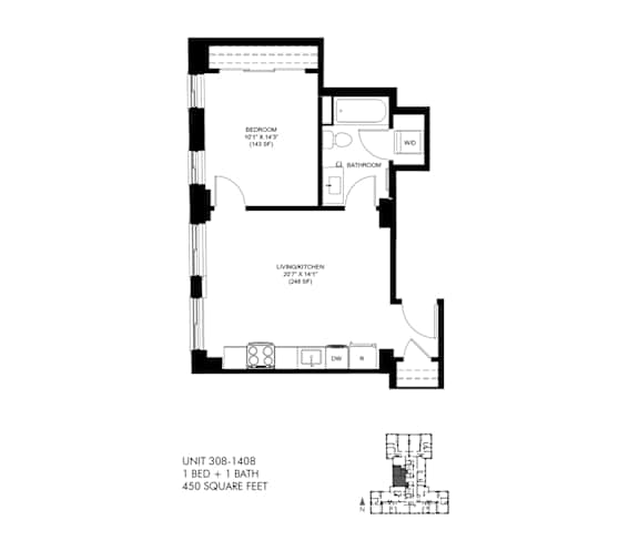 450 SQFT 1 Bed 1Bath 2D Floor Plan at Park Heights by the Lake Apartments, Chicago