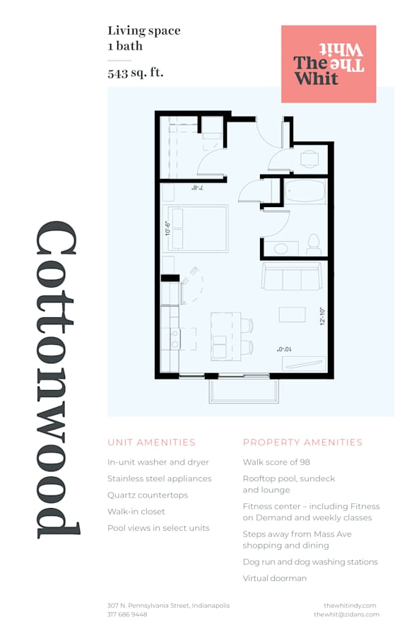 Luxury Studio, 543 sqft, 2D Floorplan at The Whit in Indianapolis, IN 46204