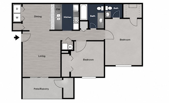 A floor plan of a house with a living room, dining room, kitchen, two bedrooms, a bathroom, and a patio/balcony.