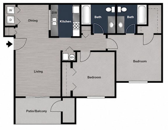 A floor plan of a house with a kitchen, living room, dining room, two bathrooms, and two bedrooms.