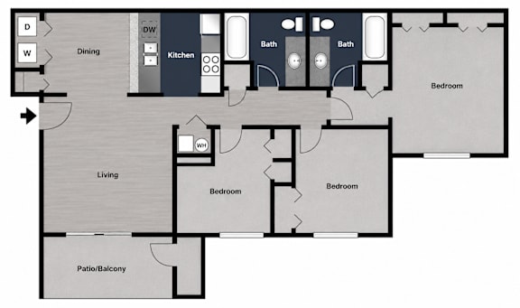 A floor plan of a house with a living room, dining room, kitchen, two bathrooms, two bedrooms, and a patio/balcony.