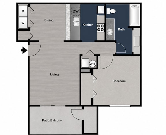 A floor plan of a house with a living room, dining room, kitchen, bathroom, bedroom and a patio.