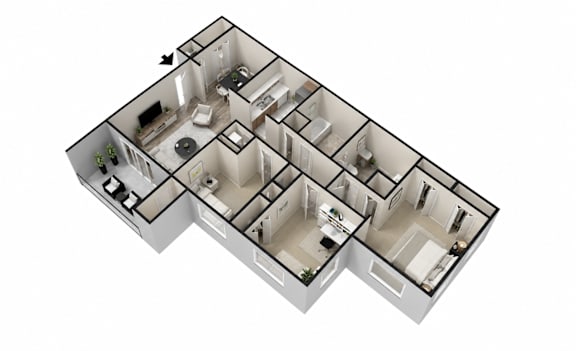 A 3D floor plan of a multi-room apartment.
