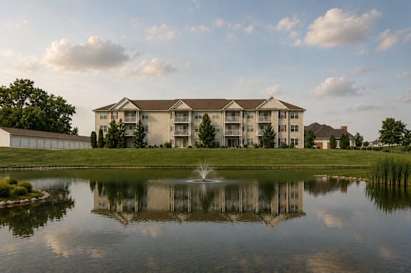 A large building with a fountain in front of it.