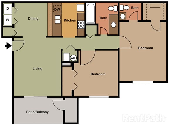 Large 2 Bedroom, 1.5 Bath 910 Sq. Ft. Floor Plan at Creekside Square Phase I, Indianapolis, IN