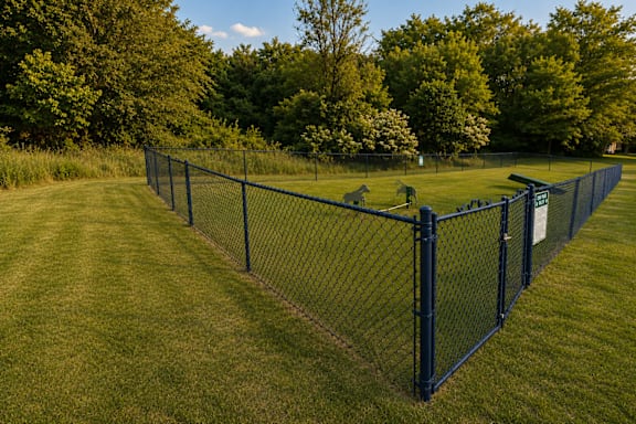 A long black fence runs along a grassy field.