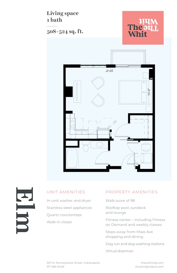 Luxury Studio, 524 sqft, 2D Floorplan at The Whit in Indianapolis, IN 46204