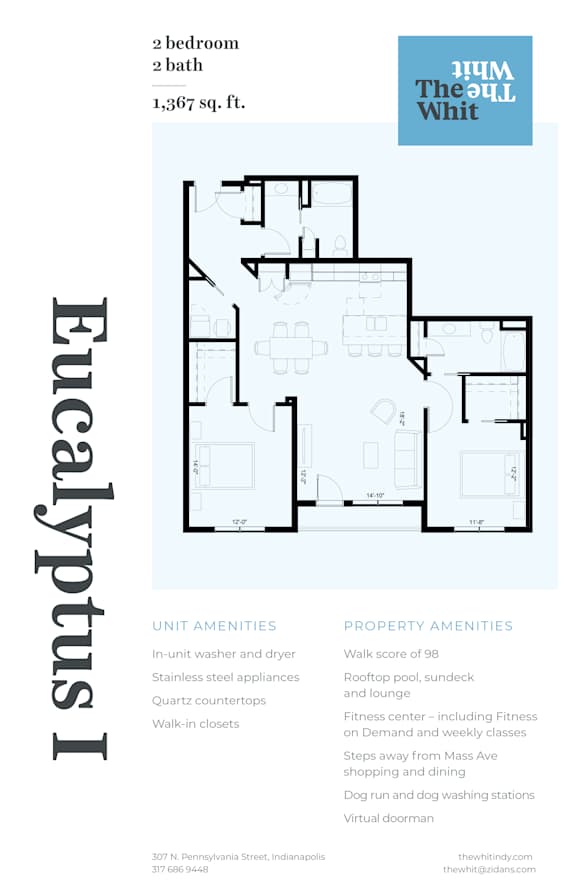 Luxury 2 Bed 2 Bath, 1,367 sqft, 2D Floorplan at The Whit in Indianapolis, IN 46204