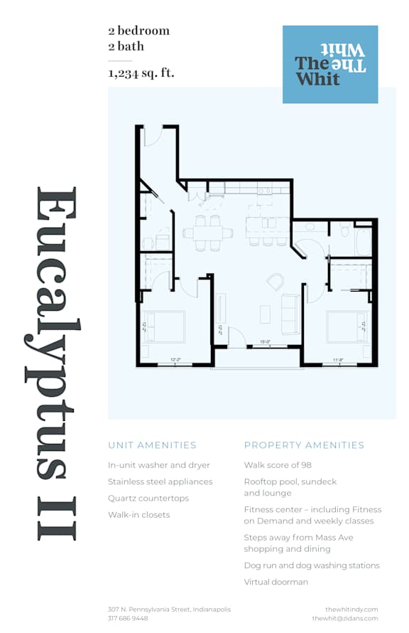 Luxury 2 Bed 1 Bath, 1,234 sqft, 2D Floorplan at The Whit in Indianapolis, IN 46204