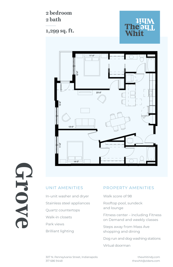 Luxury 2 Bed 2 Bath, 1,299 sqft, 2D Floorplan at The Whit in Indianapolis, IN 46204