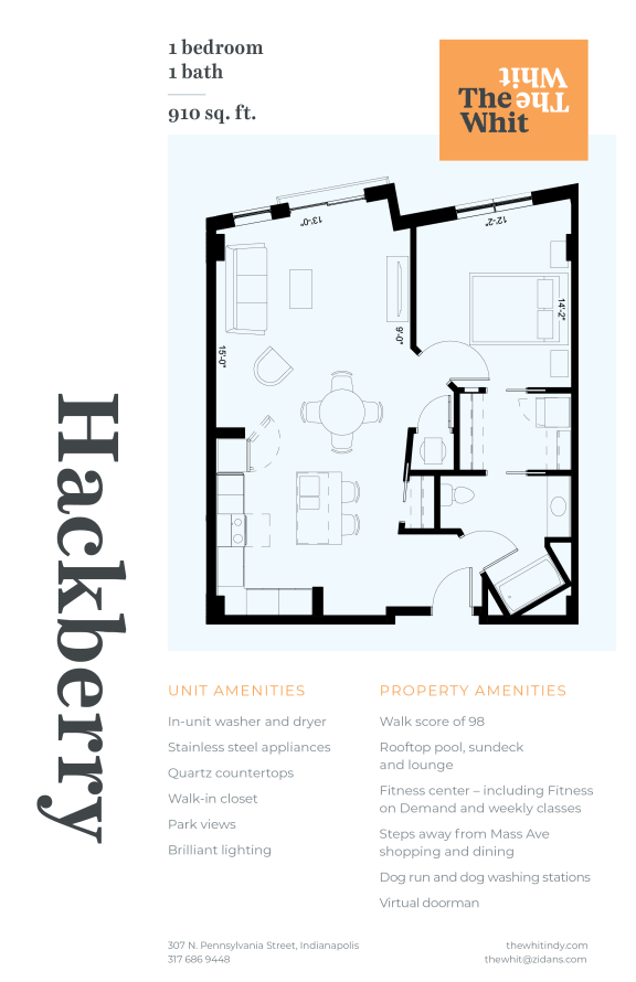 Luxury 1 Bedroom 1 Bathroom, 910 sqft, 2D Floorplan at The Whit in Indianapolis, IN 46204