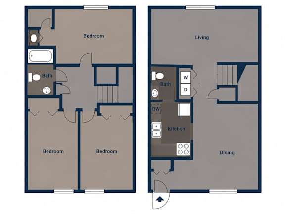 A floor plan of a two bedroom apartment with a living room, kitchen, and dining area.