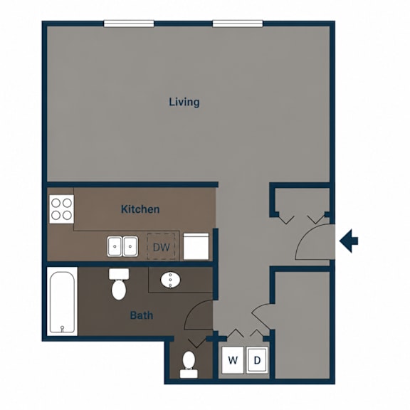 A floor plan of a living space with a kitchen and bathroom.