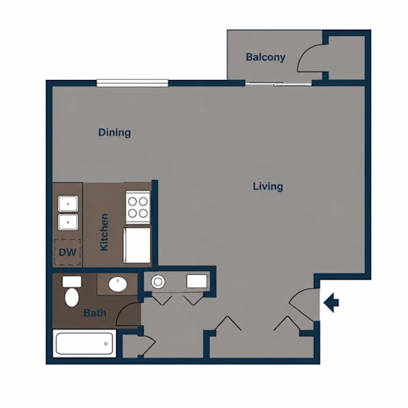 A floor plan of a house with a kitchen, bathroom, dining area, and living room.