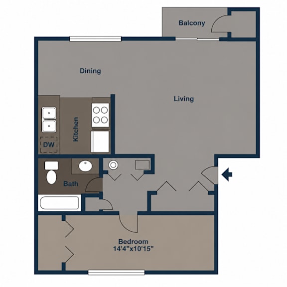 A floor plan of a living space with a bedroom, bathroom, kitchen, and dining area.