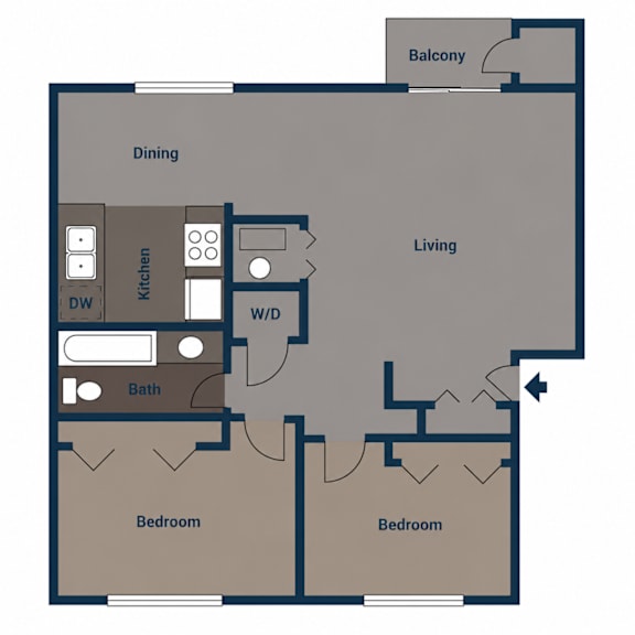 A floor plan of a living space with a dining area, kitchen, bathroom, and two bedrooms.