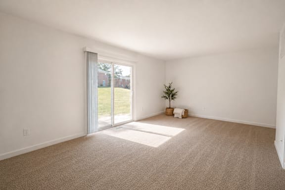 A room with a carpet floor and a sliding glass door leading to a backyard.