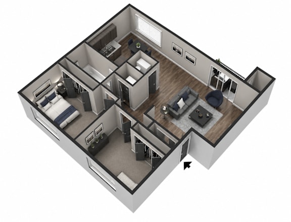 A 3D floor plan of a house with a kitchen, living room, and two bedrooms.