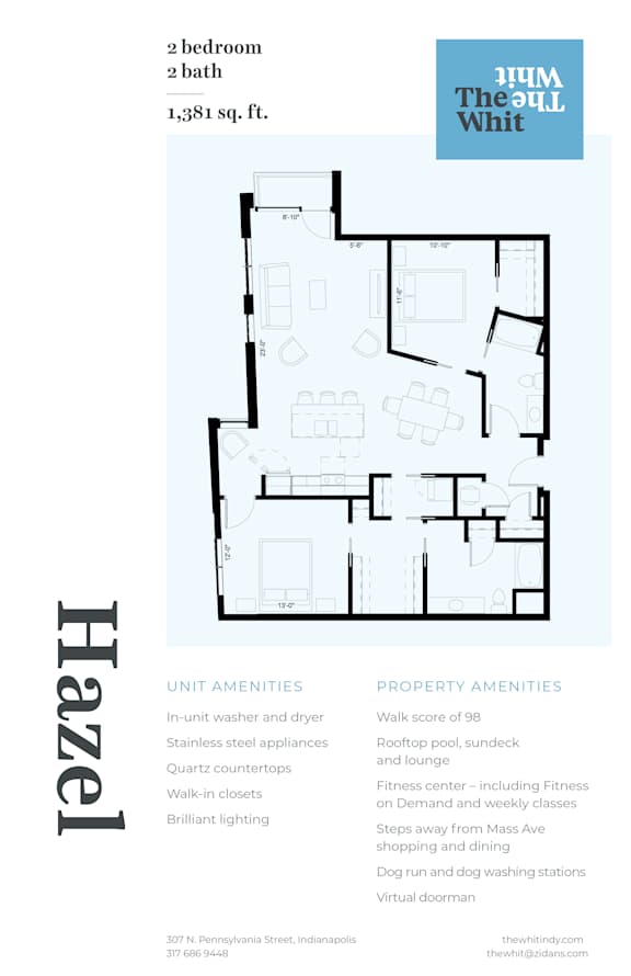 Luxury 2 Bed 2 Bath, 1,381 sqft, 2D Floorplan at The Whit in Indianapolis, IN 46204