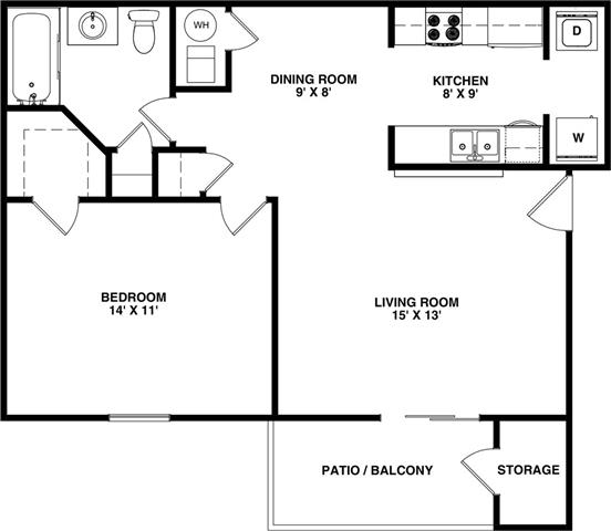 1 Bedroom 1 Bathroom, 680 sq ft, Finch floorplan at Bexley Village, Greenwood, IN, 46143