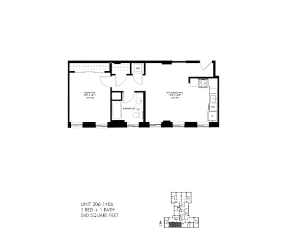 540 SQFT 1 Bed 1 Bath 2D View Floor Plan at Park Heights by the Lake Apartments, Chicago, IL