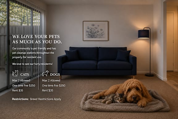 A room with a couch, a dog, and a cat on a bed with a sign about pet policies.
