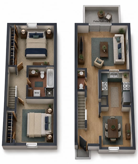 Two images of apartment layouts with labeled areas.