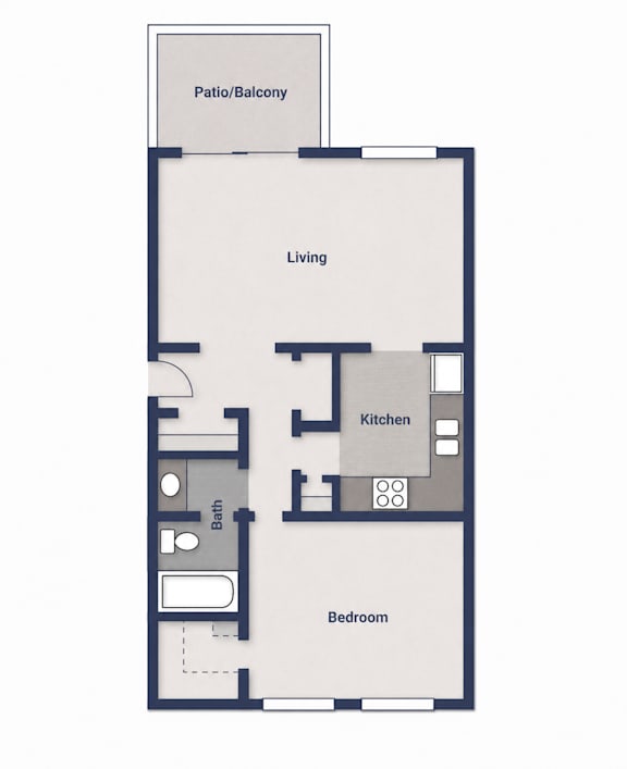 A floor plan of a small apartment with a living room, kitchen, bedroom, and bathroom.