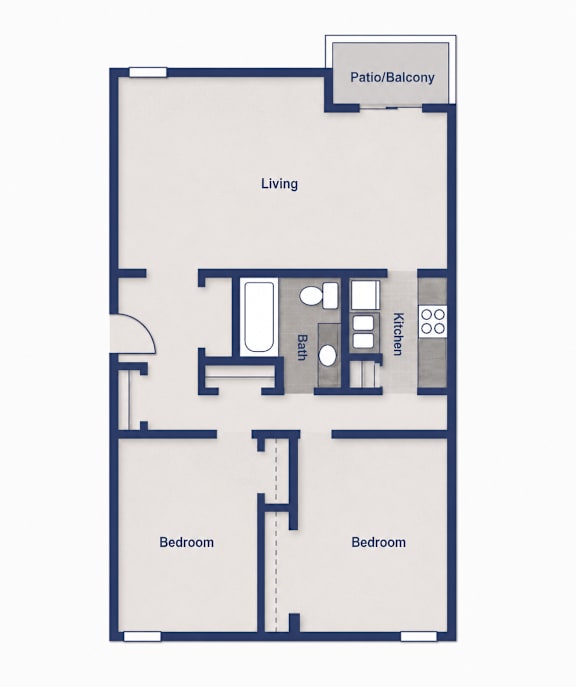 A floor plan of a house with a living area, kitchen, bathroom, and two bedrooms.