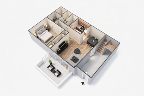 A 3D rendered image of a modern house layout.