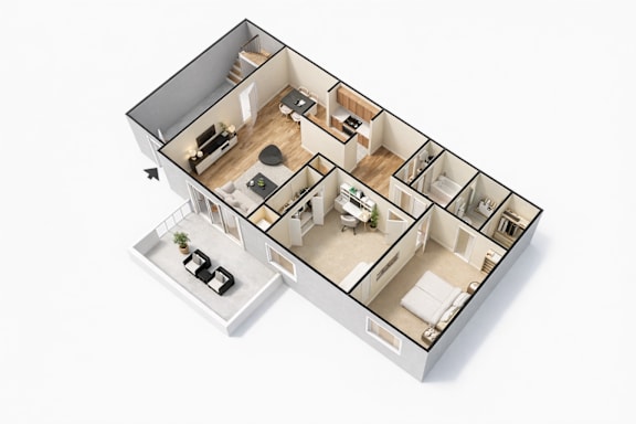 A 3D floor plan of a house with multiple rooms.