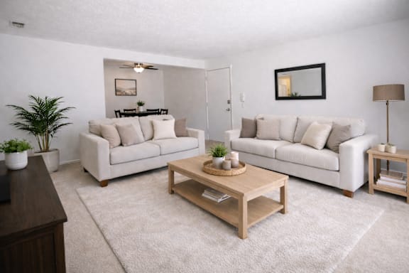 A living room with a white couch, a wooden coffee table, and a plant on the side table.