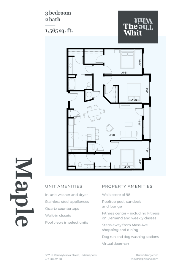 Luxury 3 Bed 2 Bath, 1,565 sqft, 2D Floorplan at The Whit in Indianapolis, IN 46204