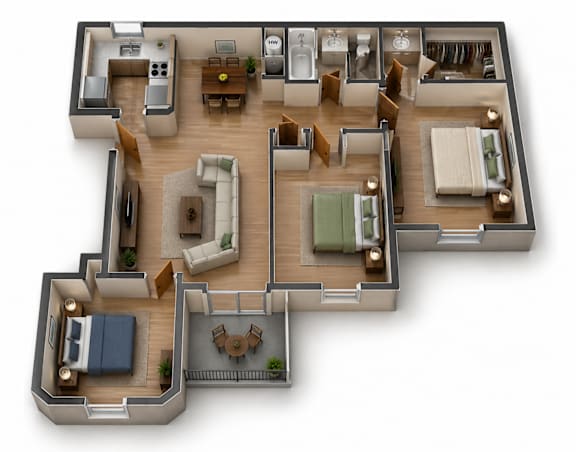 A 3D floor plan of a house with multiple rooms and furniture.