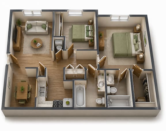 A 3D floor plan of a house with two bedrooms, two bathrooms, a living room, a kitchen, and a dining area.
