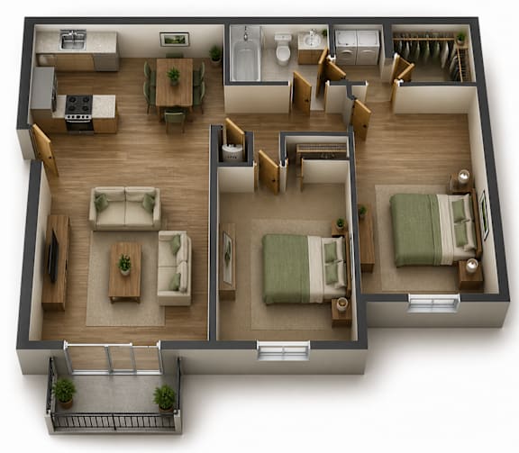 A top down view of a house interior with a kitchen, living room, dining room, and bedrooms.