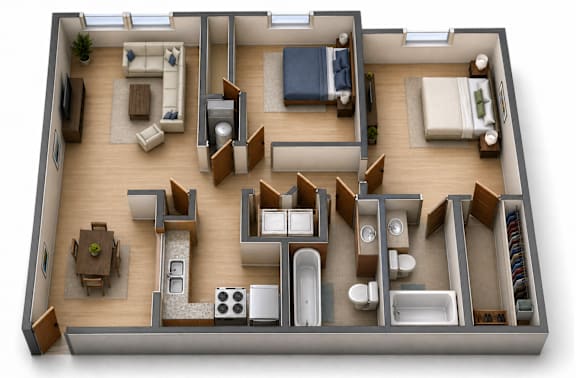 A 3D rendered image of a house layout.