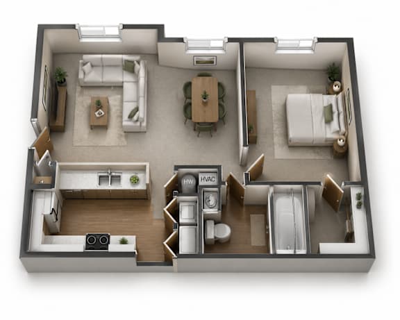 A floor plan of a house with a living room, kitchen, dining room, and bedrooms.