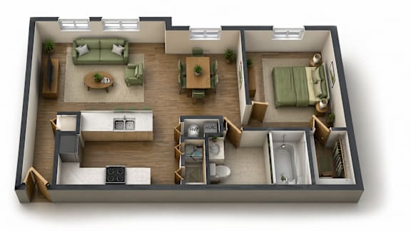 A top-down view of a two-bedroom apartment with a living room, kitchen, and bathroom.