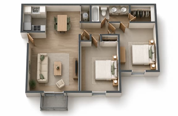A top down view of a living room, kitchen, and dining area.