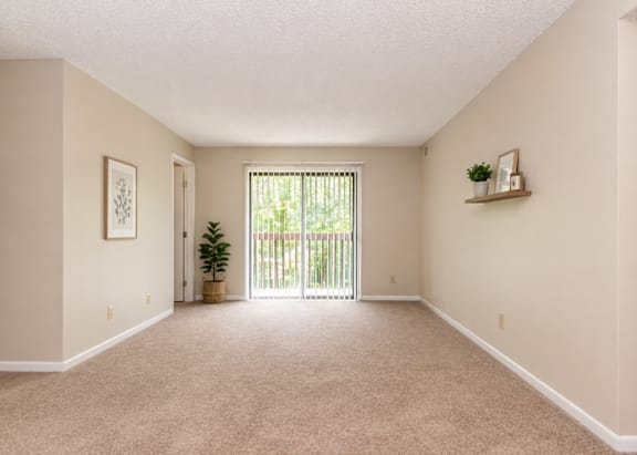 A room with a carpeted floor and a sliding glass door leading to a backyard.