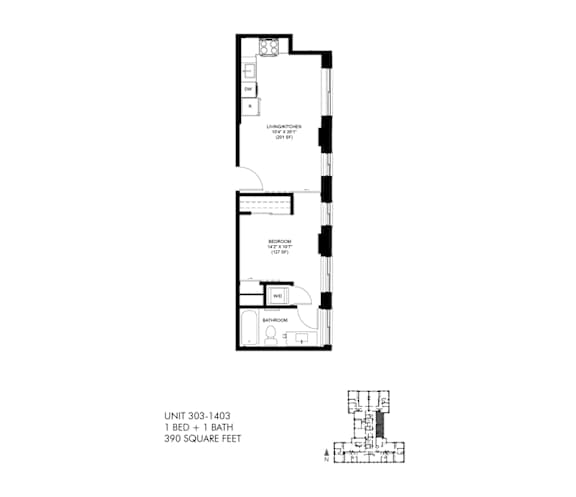 390 SQFT 1 Bed 1 Bath Floor Plan at Park Heights by the Lake Apartments, Chicago, IL, 60649