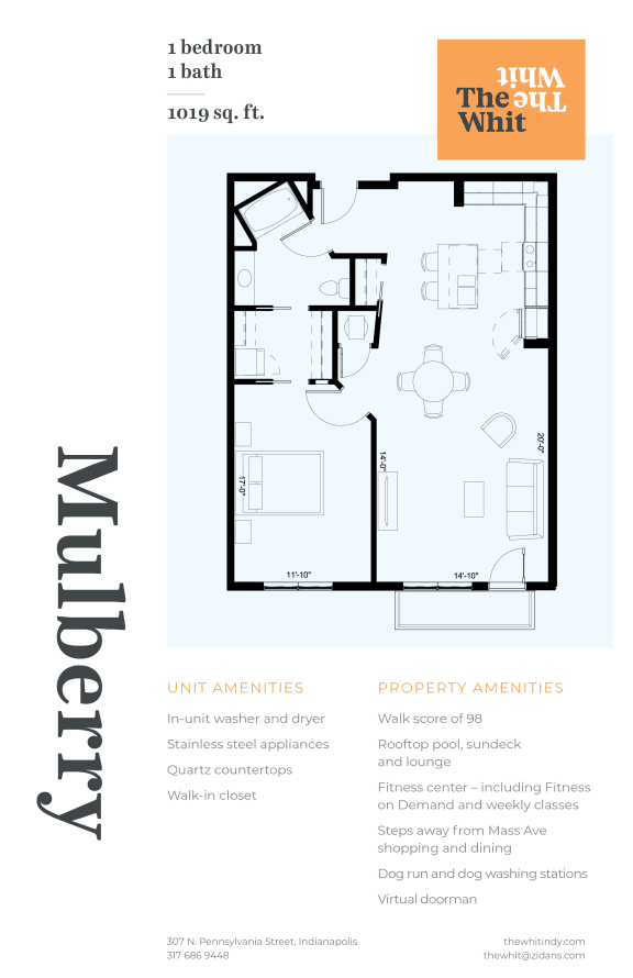 Luxury 1 Bedroom 1 Bathroom, 1,019 sqft, 2D Floorplan at The Whit in Indianapolis, IN 46204