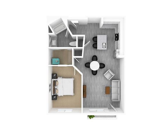 A top-down view of a small apartment with a kitchenette, living room, and bedroom.