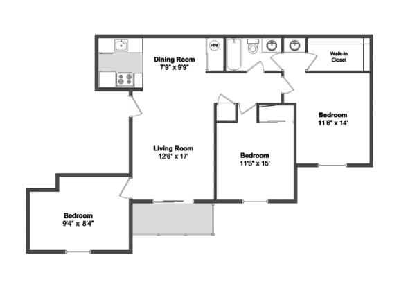 3 Bed Room Floor Plan at Meadow View Apartments and Townhomes, Springboro, OH, 45066