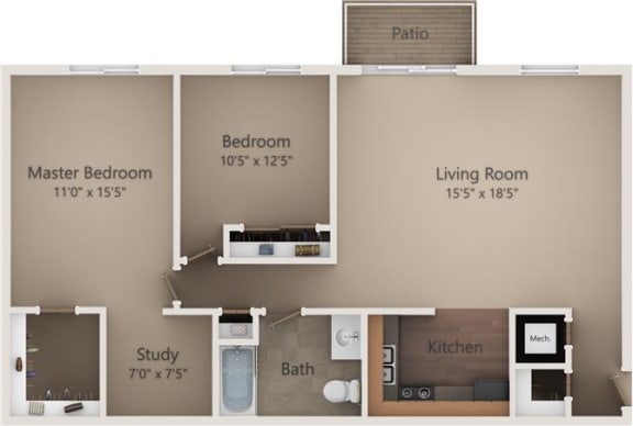 Floor Plan  The OakII Floor Plan at Camelot East Apartments, Ohio, 45014
