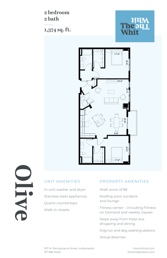 Luxury 2 Bed 2 Bath, 1,374 sqft, 2D Floorplan at The Whit in Indianapolis, IN 46204