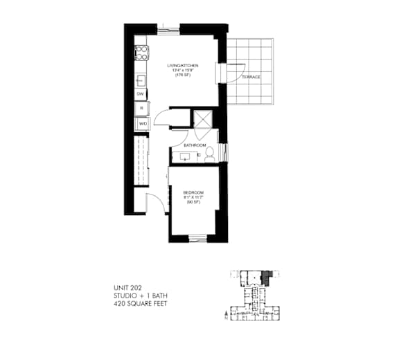 420 SQFT Junior 2D View Floor Plan at Park Heights by the Lake Apartments, Chicago, Illinois