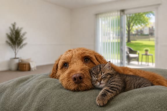 A dog and a cat are cuddling on a green blanket.